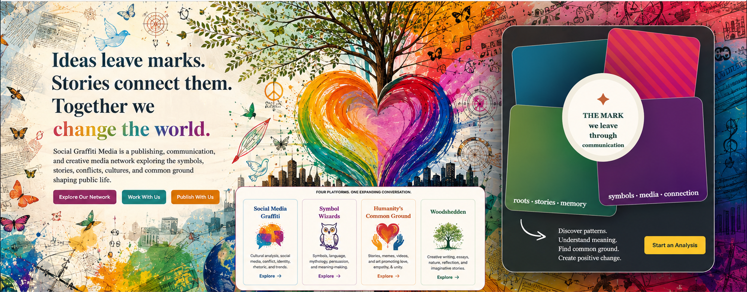 A vivid collage of a tree, painted heart, books, symbols, city imagery, and four connected Social Graffiti Media platforms.